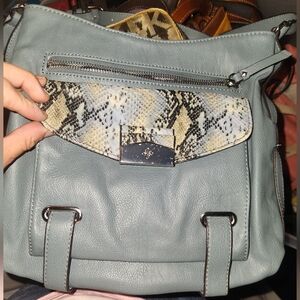 Blue Leatherette Backpack with Snake-Print Accent